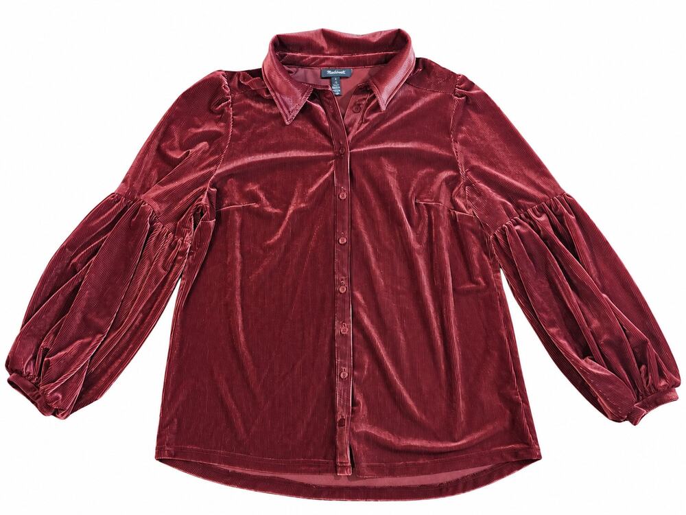 ModCloth Womens L Burgundy Ribbed Velvet Blouse Balloon Sleeve Button Up Shirt